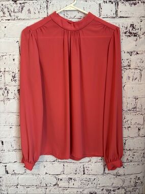 Joan Vass Coral-Red Long Sleeve Mock Neck Blouse
